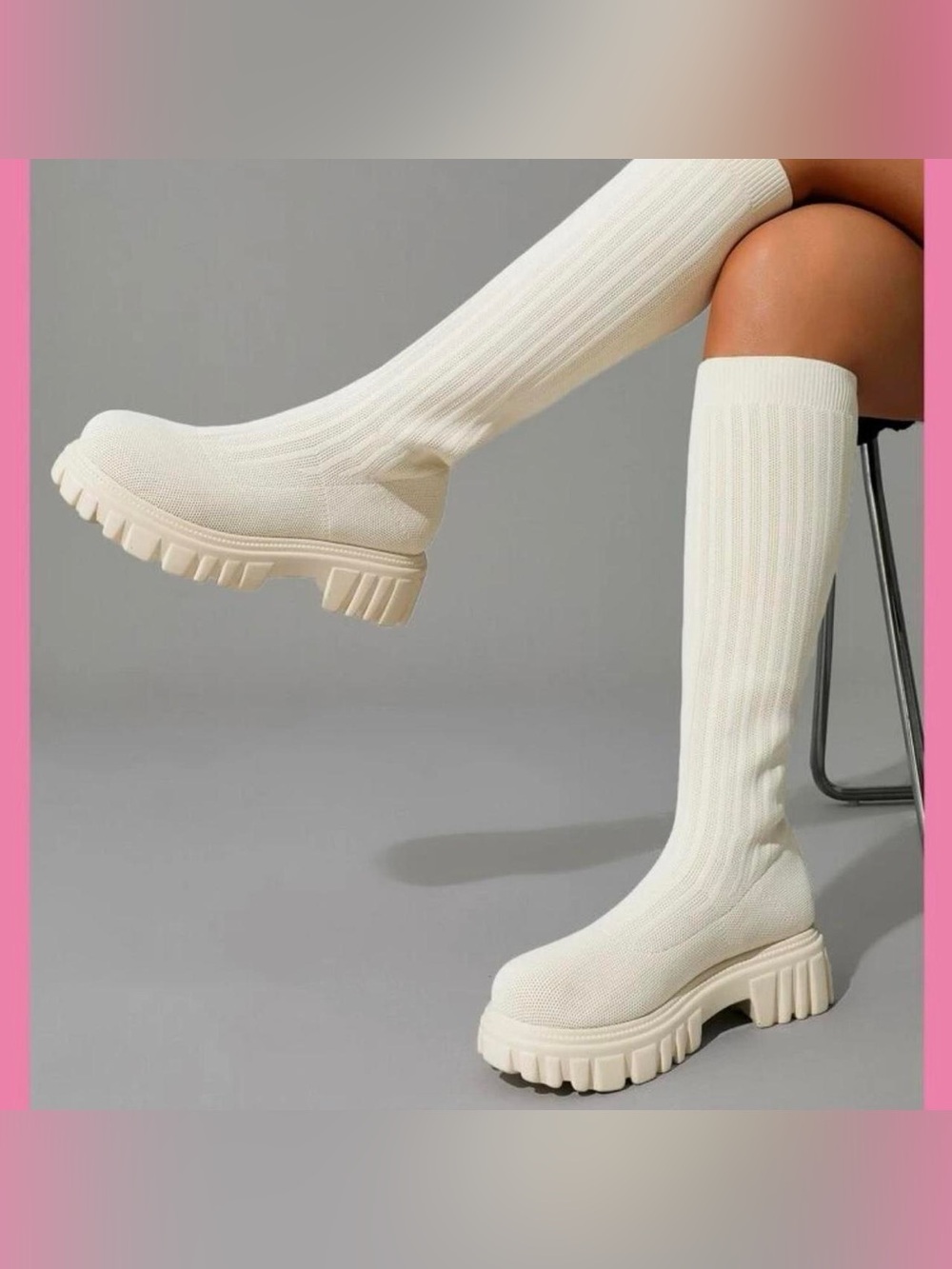 Knee-High Knit Platform Boots - White